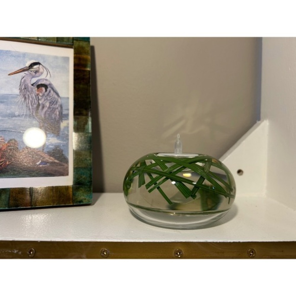 Artisan‎ Glass Tea Light Holder with Green Grass Inlay Round Clear Votive Decor